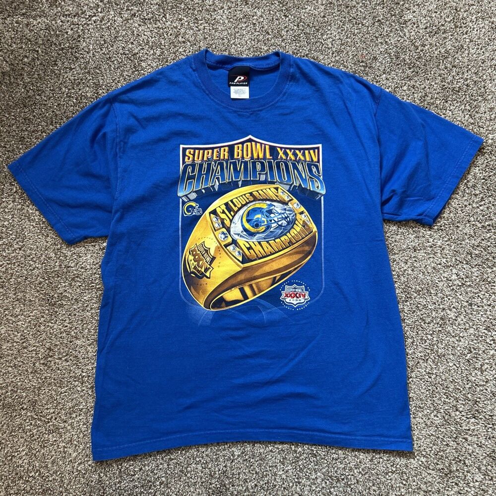 Vintage 2000 St. Louis Rams Ring T-Shirt Size L Super Bowl 34 Champions NFL LA